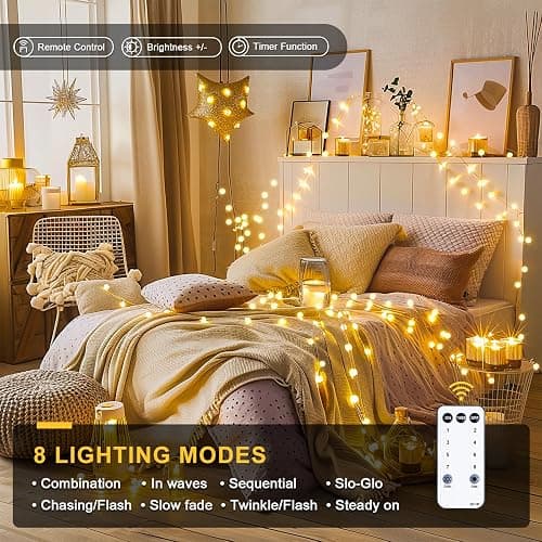 JMEXSUSS 100 LED Connectable Globe String Lights Indoor Bedroom, 33ft Warm White Christmas Lights Plug in with Remote, 8 Mode Hanging Fairy Lights Outdoor for Room Classroom Party Tree Christmas Decor thumbnail 3