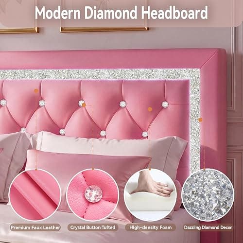 FreeHouse Floating Bed Frame Queen with LED Lights, Faux Leather Upholstered Bed Frame with Diamond Tufted Headboard, Solid Wood Slats, Noise Free, No Box Spring Needed, Easy Assembly,Pink thumbnail 4