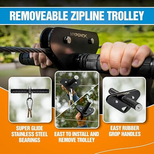 Zip Line Kit for Kids and Adults, 100/120/150/200ft, Up to 350 Lbs, Removable Trolley, Rustproof Stainless Steel, Quick Setup with Ratchet, Safety Harness, Backyard Adventure Fun W/Climbing Holds thumbnail 5