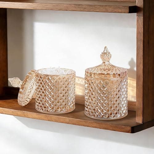 2 Pack Qtip Holder Thick Glass Apothecary Jars with Lid for Bathroom Decor Storage Organizer for Cotton Swabs, Balls, Pads, Floss Picks, Candy, Jewelry, Amber thumbnail 5