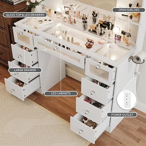 VQRhome White Vanity with Lighted 23.5” Mirror, Glass Top Vanity Desk with 9 Drawers & 3 Color Hollywood Bulbs & 4 Shelves & Acrylic & Power Outlet, Makeup Desk Dressing Table for Bedroom thumbnail 3