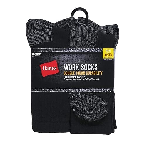 Hanes Men's Work Socks, Cushioned Crew Socks, Moisture-Wicking Socks & Odor Control, Black & White, 6 & 12 Pack Available thumbnail 2