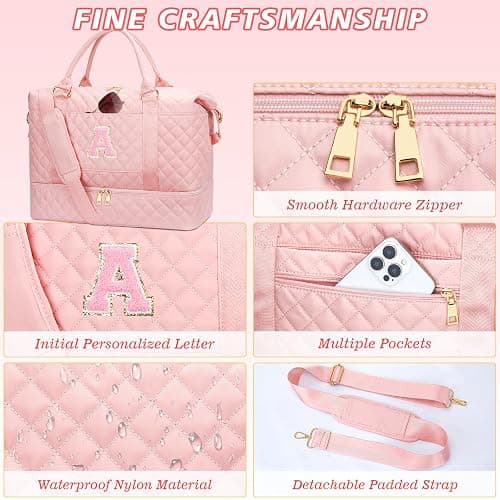 CLOUDWINGS Girl Gift-Women Birthday Gifts-Gifts for Teenage Girls Initial Travel Duffle Bag Quilted Weekender Overnight with Cosmetic Bag, Gym Bag with Shoe Compartment Personalized Bag, Pink A thumbnail 6