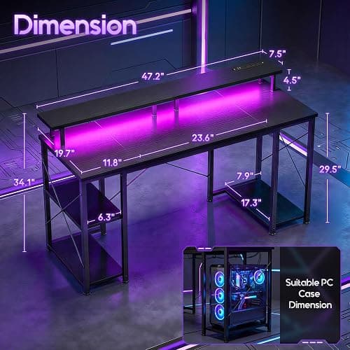 ODK 48 inch Gaming Desk with LED Lights & Power Outlets, Computer Desk with Monitor Stand & Storage Shelves, CPU Stand, Home Office Desk, Black thumbnail 3