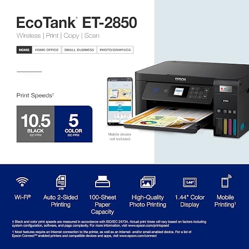 Epson EcoTank ET-2850 Wireless Color All-in-One Cartridge-Free Supertank Printer with Scan, Copy and Auto 2-Sided Printing - Black, Medium - Black thumbnail 4