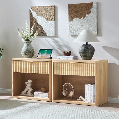 LEYAOYAO 31" Wide Fluted Nightstand with Charging Station, Oversized Extra Large 1 Drawer Night Stand with Golden Handle, Natural Wood Bedside Table Tall End Tables,for Bedroom, Living Room, Hallway thumbnail 8