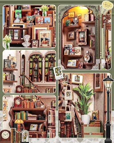 CUTEBEE DIY Book Nook Kit, Miniature House Kits for Adult and Teens, DIY Miniature Book Nook kit with Sensor Led Light, Gifts for Lovers and Family (Gallery Bookstore) thumbnail 6