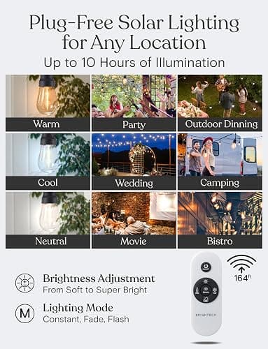 Brightech 48 (42+6) FT Ambience Pro Outdoor Solar String Lights - Bright Remote Control Color Adjustable Solar Light - Commercial Grade, 15 Waterproof LED Bulbs for Patios, Camping, Yard, Outside thumbnail 9