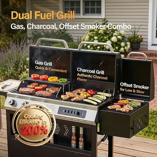 Sophia & William 3-Burner Gas and Charcoal Grill Combo with Offset Smoker - Dual Fuel BBQ Grill, 840 sq. in. Cooking Area, Heavy Duty Propane Barbecue for Outdoor Patio Cooking, Black thumbnail 3