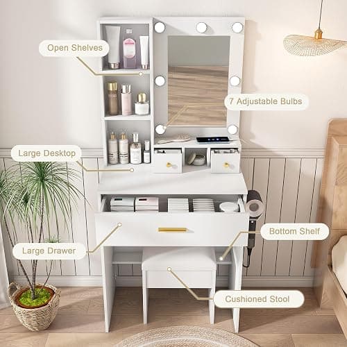 Small Vanity Desk with Mirror and Lights, Makeup Vanity Table with Power Outlet & Drawers & Shelves & Stool, Dressing Table Set for Bedroom, Adjustable Bulb Brightness Mini Vanity Set thumbnail 6