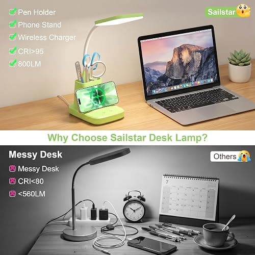 Sailstar Desk Lamp, LED Desk Lamps for Home Office, Wireless Charger Small Desk Lamp with Pen Holder, CRI 85, 800LM,3 Color Dimmable, Study Lamps for College Dorm Room, Adapter Included, Green thumbnail 4