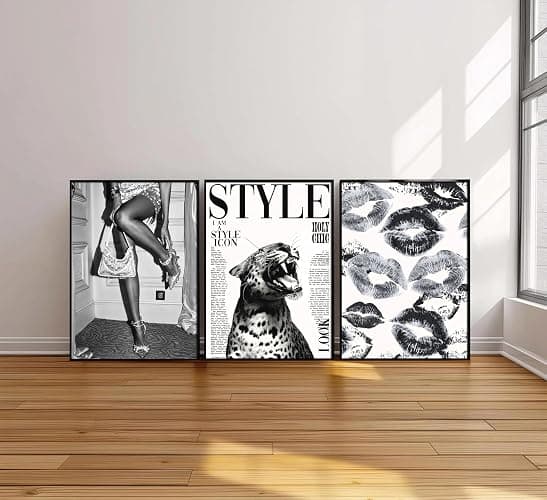 3Pcs Trendy Black and White Leopard Canvas Wall Art Vintage Newspeper Cheetah Wall Decor Fashion Girl Poster Heels Lips Picture Luxury Feminist Painting Print Artwork for Apartment Dorm,Unframed thumbnail 2