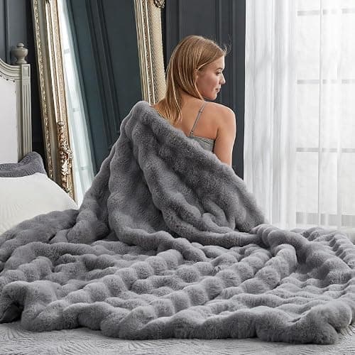 Cozy Bliss Faux Fur Throw Blanket for Couch, Fuzzy Soft Plush Thick Bubble Blanket for Sofa Bedroom Living Room,50 * 60 Inches Light Grey thumbnail 3