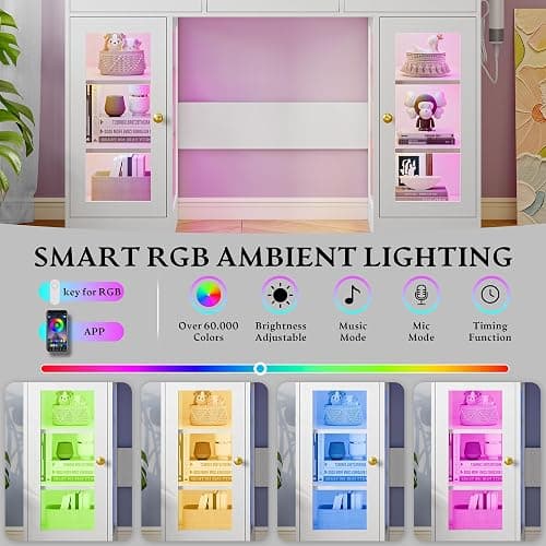 Makeup Vanity Desk with HD Lighted Mirror & Power Outlet, Glass Top Vanity Table Set with Storage Drawers & RGB Cabinets, Large Dressing Table with 3 Lighting Modes for Bedroom Women Girls Kids, White thumbnail 4