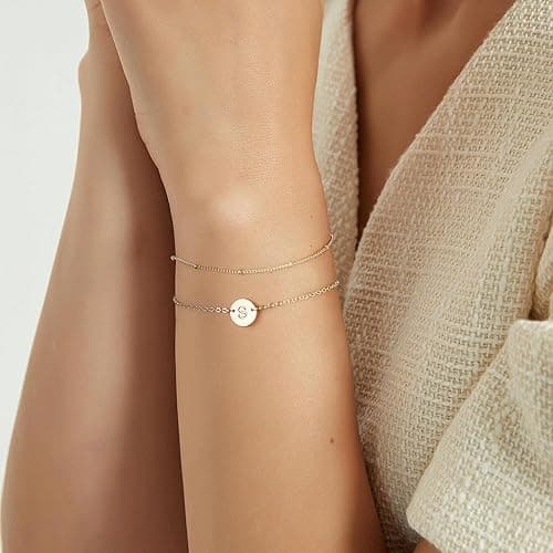 MONOZO Gold Initial Bracelets for Women Girls Jewelry Gifts - Dainty 14K Gold Plated Layered Beaded Letter Initial Bracelet 26 Alphabet Disc Monogram Charm Bracelet Jewelry Birthday Gifts for Women thumbnail 3