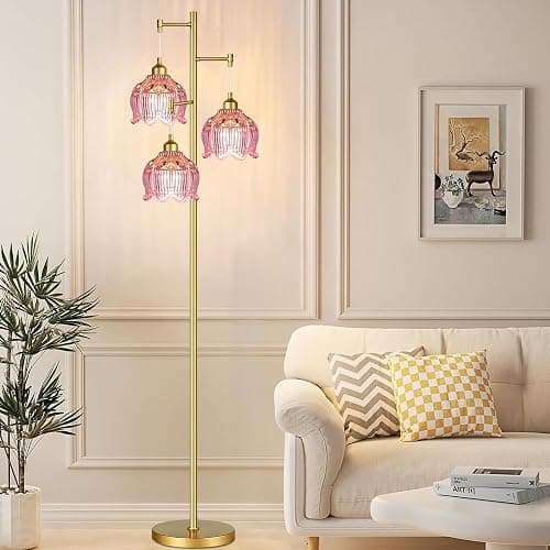ILLMTW Glass Floor Lamp for Living Room,Bedroom,Gold Flower Mid Century Modern Standing Lamp Brass Tree 3 Light Tall Floor Lamps Vintage Floor Lights Pink Lamp Shade Farmhouse Boho Bohemian thumbnail 8