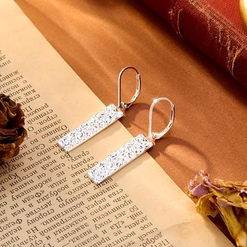 ALEXCRAFT 925 Sterling Silver Dangle Earrings for Women, 14K Gold Plated French Leverback Earrings, Hypoallergenic Lightweight Statement Hammer Square Bar Long Drop Earing for Women Trendy Jewelry thumbnail 6
