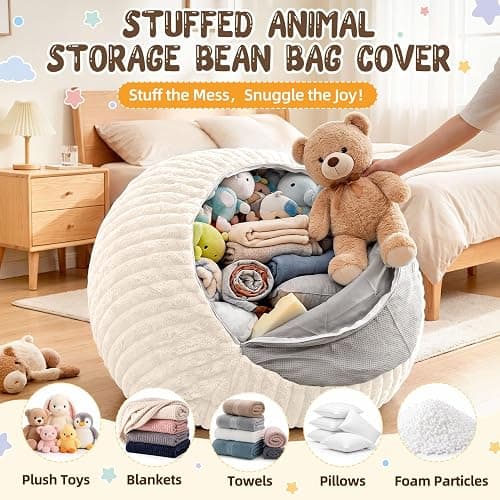 Bean Bag Cover No Filler Stuffed Animal Storage Bean Bag Chair Cover | Soft Faux Rabbit Fur,Non-Slip Bottom,Durable Zipper,Fill with Plush Toys or Blankets,for Adults Teens Kids Girls,Ivory thumbnail 3