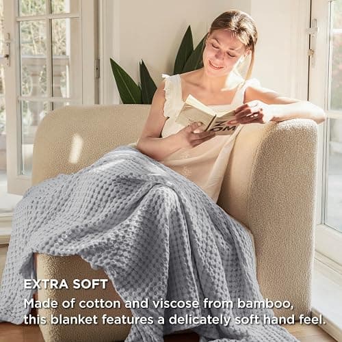 Bedsure Cooling Cotton Waffle Full Size Blanket - Lightweight Breathable Blanket of Rayon Derived from Bamboo for Hot Sleepers, Luxury Throws for Bed, Couch and Sofa, Grey, 80x90 Inches - Grey - Full (80" x 90") thumbnail 3