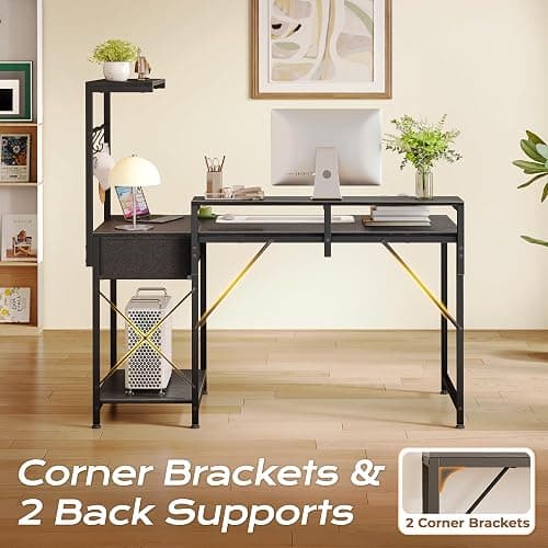 PRAISUN 47.2 Inch Gaming Desk with LED Lights & Power Outlets | Computer Desk with Drawer & Storage Shelves, Office Writing Desk with Monitor Stand for Work from Home, Black thumbnail 9