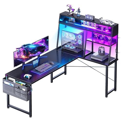 AODK L Shaped Gaming Desk with Led Lights, 59 Inch Reversible Gaming Computer Desk with Display Shelves, PC Gamer Desk Gamer Table with Storage Bag, L Desk for Game, Black - Image 1