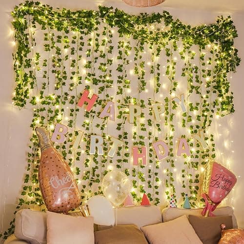 KASZOO 12 Stück künstliche Pflanzen,grün Blatt Efeu Rebe mit 80 LED-Licht, für Hochzeit Party Garten Festival Dekorationen Wanddekoration thumbnail 7