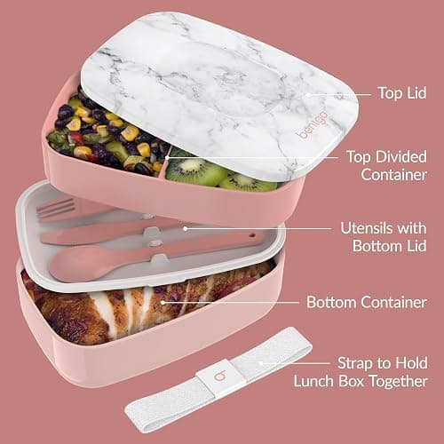Bentgo Classic - Adult Bento Box, Stackable 3-Compartment Lunch Box with Removable Utensil Set and Sealing Strap, BPA-Free, Food Container Ideal for Meal Prep, Work, and On the Go (Blush Marble) thumbnail 7