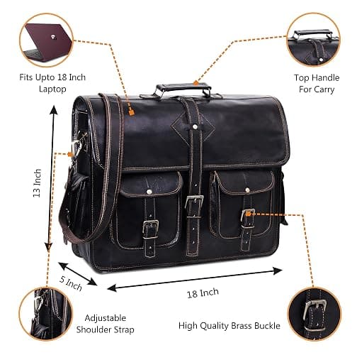HULSH Black Leather Messenger Bag for Men and Women 18 Inch | Handmade Vintage Genuine Leather Laptop Bag for Men | Best Leather Briefcase Satchel Computer Crossbody Shoulder Bag for Work Office Use thumbnail 2