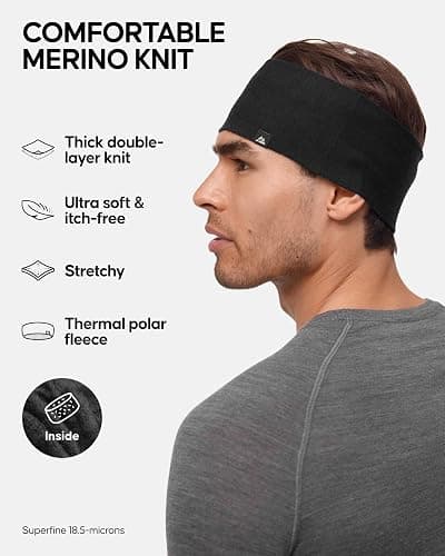 DANISH ENDURANCE Merino Wool Headband, with Thermal Inner Fleece, for Men and Women, Unisex, Black, M/L thumbnail 2