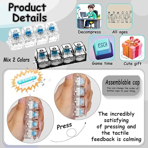 2 PCS Keyboard Fidget Toy, Keyboard Fidget Keychain 4-in-1 Keyboard Decompression Button Finger Clicker Toys, Button Stress Relief Fidget Gifts to Relief Stress (Clear Black) thumbnail 4