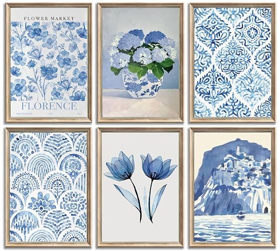 6Pcs Blue coastal Wall Art Flowers Aesthetic Wall Decor Pictures Trendy Minimalist Posters Prints Hydrangeas painting Preppy Artwork for Bedroom Gallery Home Decoration,8x10in Unframed - Image 1