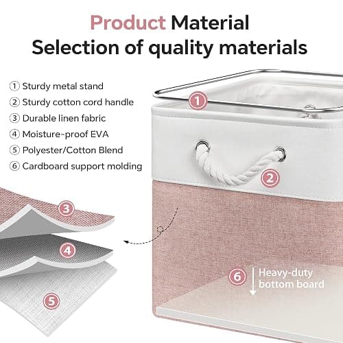 ECDYQXVU 13x13 Inch Cube Storage Bins with Reinforced Bottom Cardboard, 6 Pack Large Foldable Fabric Storage Cubes with Handles for Shelf, Closet, Laundry Organization (White&Pink) thumbnail 4