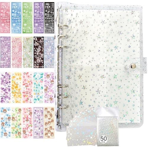JIEADJIE Kpop Photocard Holder Book Set A5 Binder Photocard Album 6 Ring, Suit for 200 Cards 3 Inch Photo,with 50 Pcs Laser Flashing Card Sleeves,with 20 Sheets Stickers Cute Decor Stickers (Star 2) - Image 1