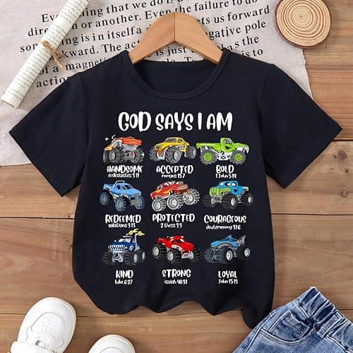 Zcaynger Toddler Boys T Shirt Cotton God Says I Am Christian Shirts Construction Bible Verse Truck Excavator thumbnail 3