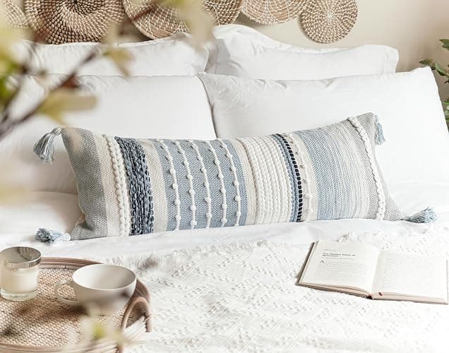 BlissBlush Coastal Blue Decorative Lumbar Pillow Cover 14x36 Boho Long Body Pillow for Bed Farmhouse Lumbar Throw Pillow for Couch Modern Accent Textured Throw Pillowcase thumbnail 8