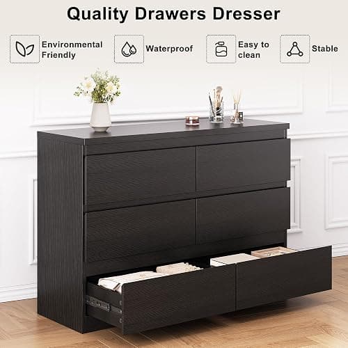 Jocoevol Black 6 Drawer Dresser for Bedroom, 15.3" D x 47.2" W x 32.3" H in Simply Modern Chest of Drawers, Wood Storage Double Dresser with Deep Drawers for Living Room, Hallway Entryway, Black thumbnail 4