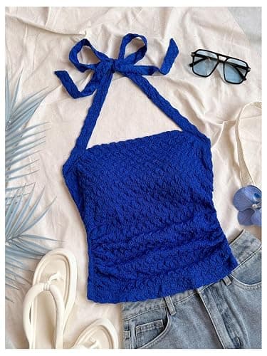 SOLY HUX Women's Halter Top Tie Back Textured Going Out Concert Beach Vacation Crop Tops Summer Sleeveless Camisole thumbnail 2