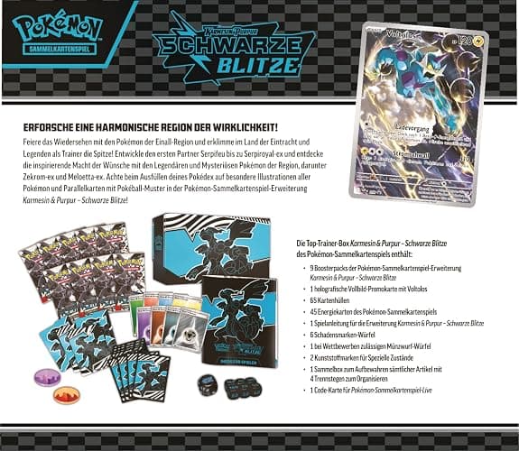 Pokémon-Sammelkartenspiel: Top-Trainer-Box Karmesin & Purpur – Schwarze Blitze: Zekrom (1 Vollbild-Promokarte mit Voltolos, 9 Boosterpacks & Premium-Zubehör) thumbnail 4