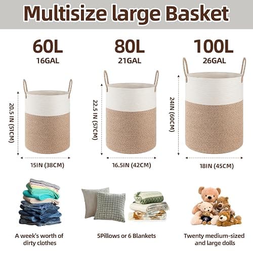 OIAHOMY Large Laundry Basket Hamper - 60L Cotton Rope Woven Basket for Blankets, Toys, Clothes - Tall Decorative Nursery Hamper with Long Handles, Brown/White thumbnail 2