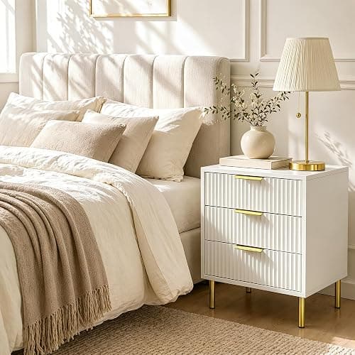 RIHHA White and Gold Nightstands Set of 2, 24" Tall Fluted Bedside Tables with 3 Drawers and Gold Handles, Ribbed Side Table Pair thumbnail 3