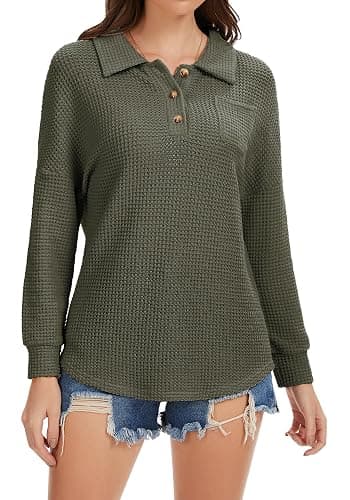Balivsa Womens Tops Waffle Knit V-Neck Long Sleeve T-shirts Button Down with Pockets Tunic Fashion Clothing thumbnail 4