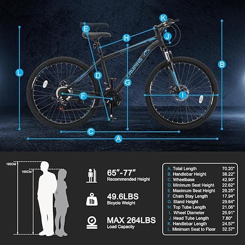 CamPingSurvivals 26/27.5" Mountain Bike 21 Speed Bikes for Adults, Men & Women Mountain Bike with High Carbon Steel Frame, All-Terrain Tires, Double Disc Brake and Suspension Fork - Blue - 27.5" thumbnail 6