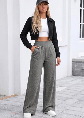 GEKCM Wide Leg Cotton Sweatpants Women Elastic Waisted Pants Baggy Straight Athletic Loose Casual Jogger Pants with Pockets thumbnail 6