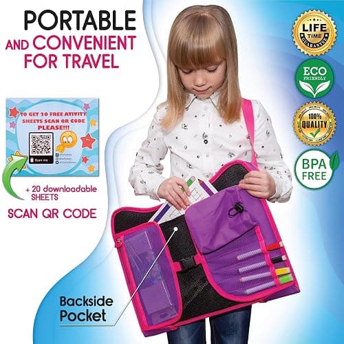 ECOFANTASY Kids Travel Tray - Waterproof Lap Table with No-Drop Large Tablet Holder - Car Seat Tray - Road Trip Essentials Kids - Car Desk Organizer for Airplane - Toddler Travel Essentials (Pink) thumbnail 8