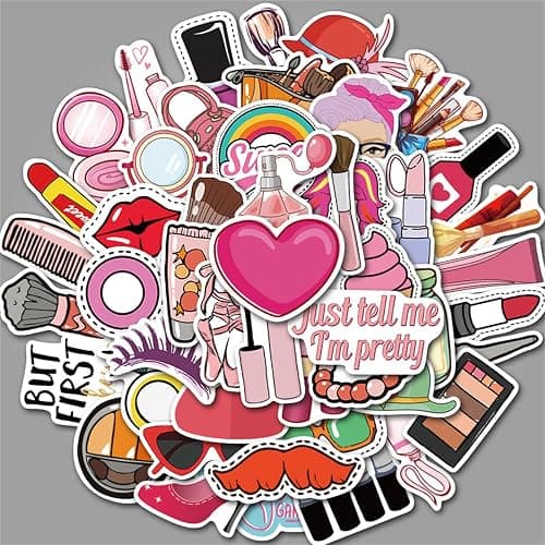 50PCS Funny Lady Makeup Tool Stickers Mixed Different Lipstick Cosmetic Mirror Sticker for Girl Kids Laptop Skateboard Toy Stickers,Water Bottles,Computer,Phone, for Kids,Teens,Adult(Colourful-7) - Image 1
