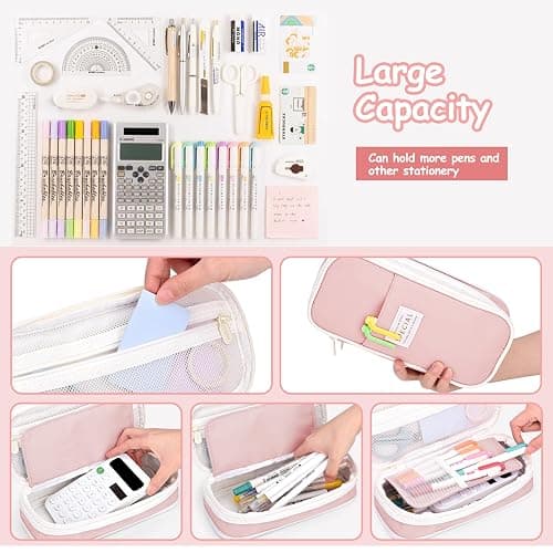 Mamowla Pencil Case for Girls, Big Capacity Large Pencil Case Pen Cases Portable Office Stationery Makeup Bag Pouch, Desk Organizer for School Boys Kids Teenage Adults Women Men(Pink) - Pink thumbnail 4