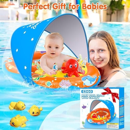 EZIGO Baby Pool Float with Canopy UPF 50+ Sun Protection, Double Air Chambers Infants Swimming Floats with Sound Toys Adjustable Safety Seat Toddler Float for Boys and Girls 6-36 Months thumbnail 7