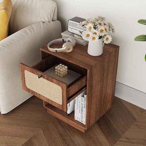 SUJOUCRAFT 16" Nightstands Set of 2, Mid-Century Vintage Wooden Night Stand with Drawer and Open Shelf, Linen Decor Farmhouse Side Table End Tbale for Bedroom, Dorm, Living Room (Walnut) thumbnail 7