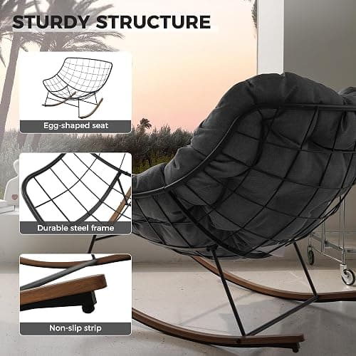 Grand patio Outdoor Rocking Chair, Oversized Papasan Rocking Chair with Thick Cushion, Indoor Outdoor Cozy Rocker for Balcony, Living Room, Patio, Gray thumbnail 7