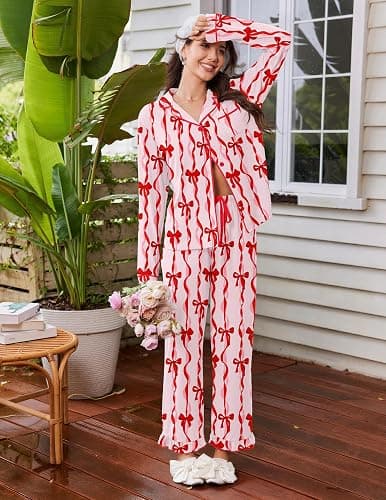 Ekouaer Womens Pajama Sets Long Sleeve Sleepwear Button Down Pjs Loungewear | Classic Notch Collar Lounge Sets, Comfy 2 Pieces Ruffle Pants for Home, Party, Wedding, Maternity, Gift thumbnail 3
